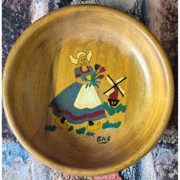 Vintage Hand Painted Folk Art Wooden Dutch Bowl Set of 4 Signed GHS 5.5" Decor - Picture 4 of 8